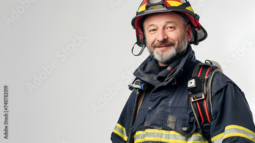 portrait of a fireman on a light background with copy space