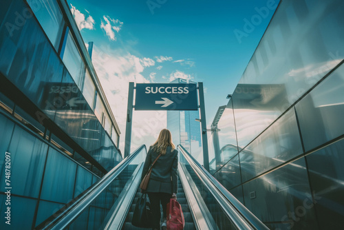 Businesswoman going up an escalator and a sign with the word success. Moving to a new city, searching new job, beginning new life looking for professional progress and prosperity photo