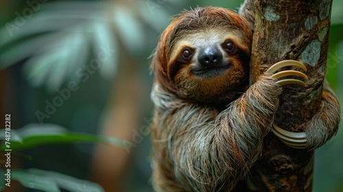 Funny sloth hanging on tree branch, cute face look