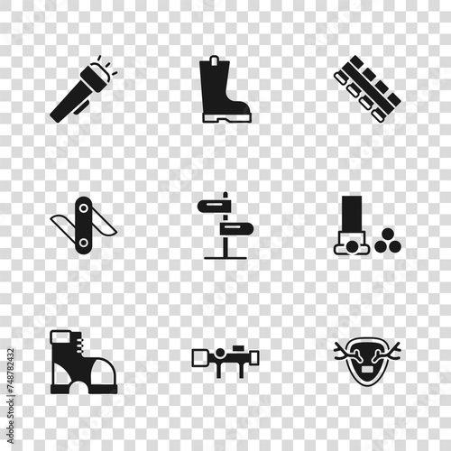 Set Sniper optical sight, Cartridges, Deer antlers on shield, Road traffic sign, Hunting cartridge belt, Flashlight, Waterproof rubber boot and Swiss army knife icon. Vector