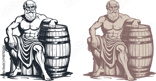 An elderly ancient Greek man sits next to a barrel of wine. Vector illustration