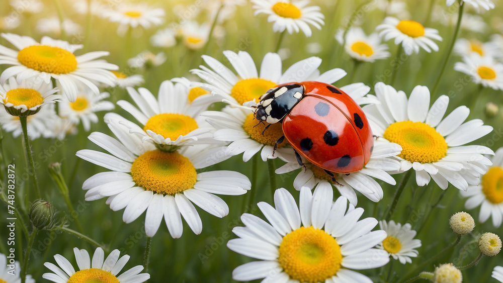 A ladybug rests on a daisy, its wings folded gracefully, surrounded by a field of these cheerful flowers and creating a scene that radiates warmth and happiness