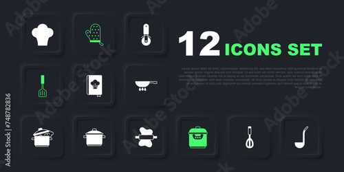 Set Kitchen whisk, ladle, Cookbook, Slow cooker, Spatula, Cooking pot, Oven glove and Rolling pin on dough icon. Vector