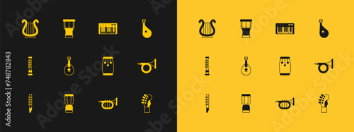 Set Bandura, African djembe drum, Conga drums, Trumpet, Mandolin, Music synthesizer, Ancient Greek lyre and percussion icon. Vector