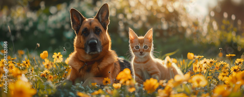 A German Shepherd dog and an orange tabby kitten sit side by side in a field of vibrant yellow flowers, showcasing a heartwarming display of canine-feline companionship amidst nature's beauty.