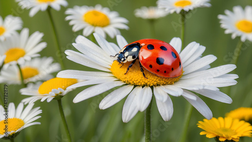 A ladybug rests on a daisy, its wings folded gracefully, surrounded by a field of these cheerful flowers and creating a scene that radiates warmth and happiness