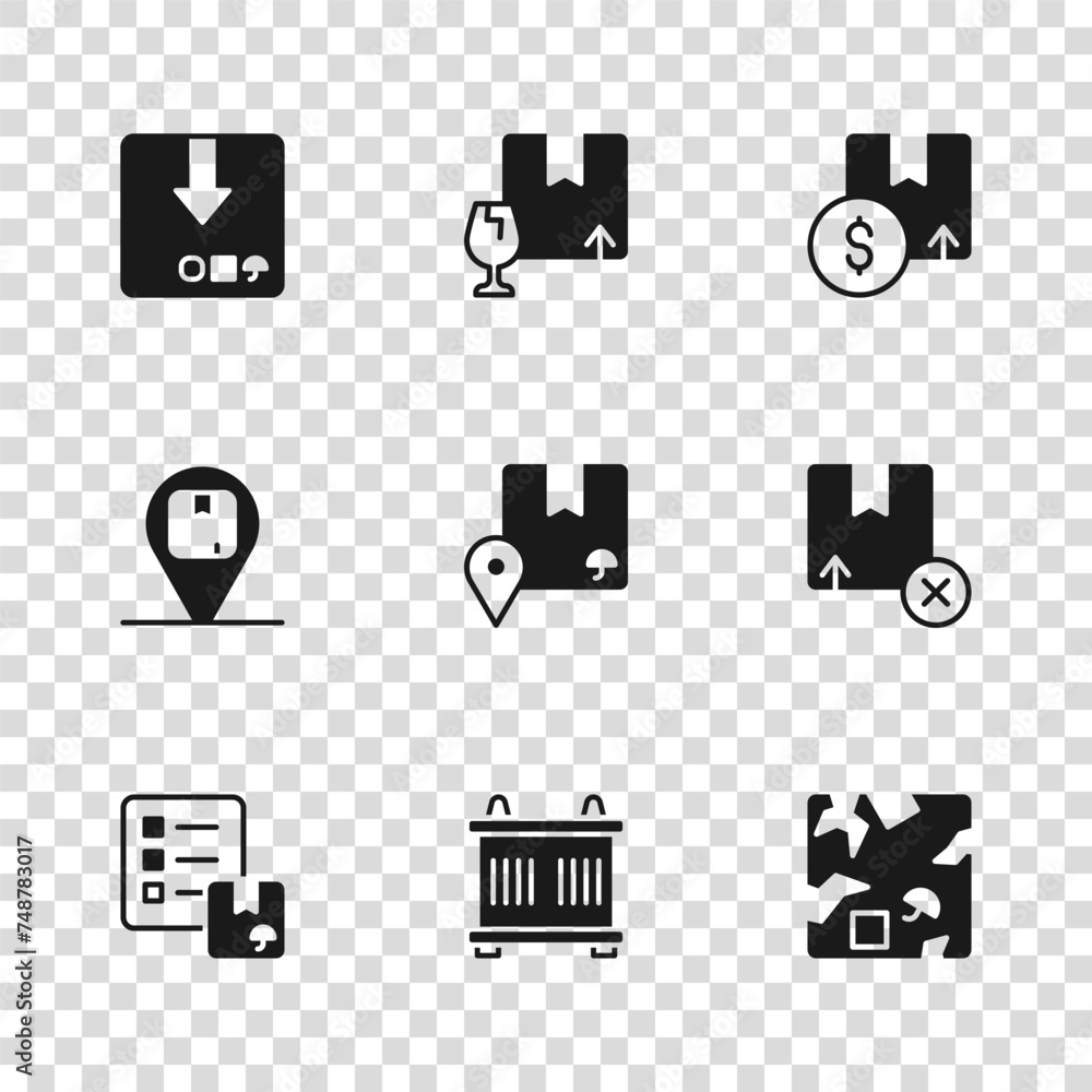 Set Container, Carton cardboard box, Broken, Location with, Package fragile content and icon. Vector Set Container, Carton cardboard box, Broken, Location with, Package fragile content and icon. Vector