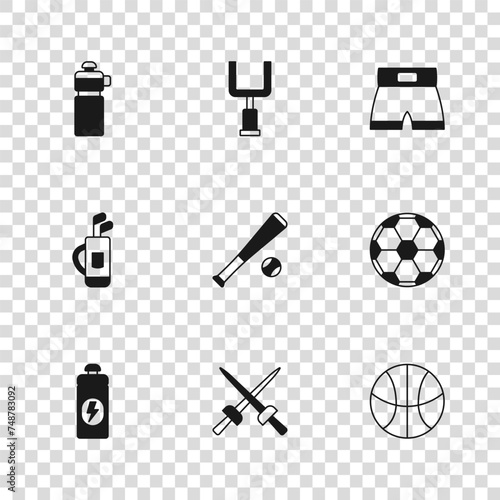 Set Fencing, Soccer football ball, Basketball, Baseball bat with, Boxing short, Fitness shaker, American goal post and Golf bag clubs icon. Vector