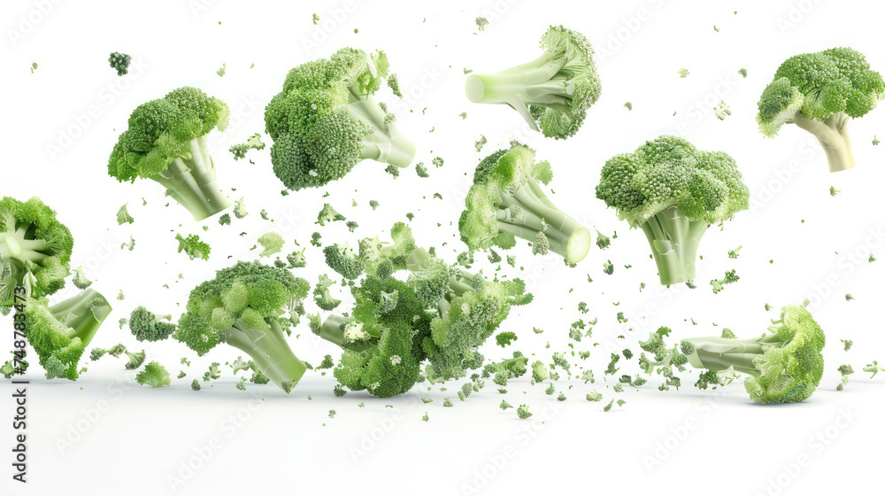Falling broccoli isolated on white background. Falling broccoli isolated on white background.