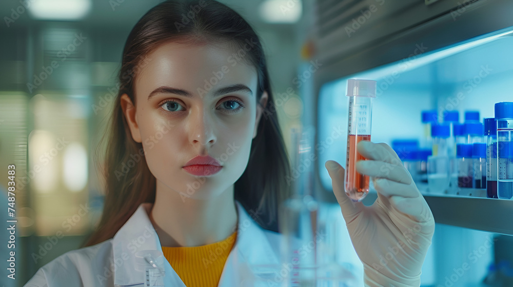 portrait of a young girl laboratory assistant in a white coat with test tubes close-up against the background of a laboratory and test tubes