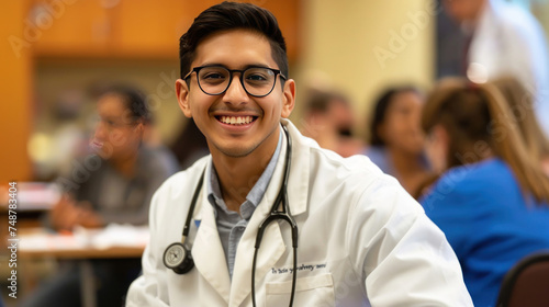 Doctor, Portrait of a smiling young doctor on seminar board room or during an educational class.