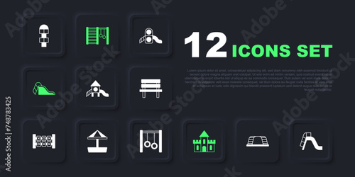 Set Monkey bar, Slide playground, Sand castle, Sandbox with sand, Swedish wall and Gymnastic rings icon. Vector