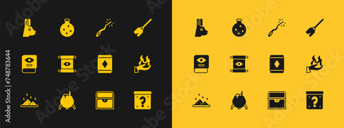 Set Witches broom, cauldron, Magic carpet, Antique treasure chest, scroll, wand, Rabbit with ears and Bottle potion icon. Vector
