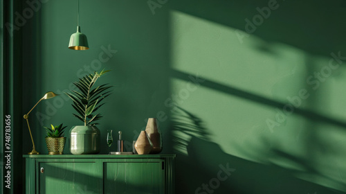 Green cabinet and accessories decor in living room interior on empty dark wall background.