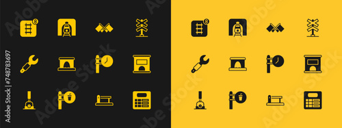 Set Railroad crossing, Cafe and restaurant location, Train station clock, Railway barrier, tunnel, Flag, Online ticket booking and railway icon. Vector