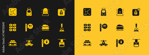 Set Online ticket booking, Handcar transportation, Coal train wagon, Cafe restaurant location, Flasher siren, Railway map and Train railway icon. Vector