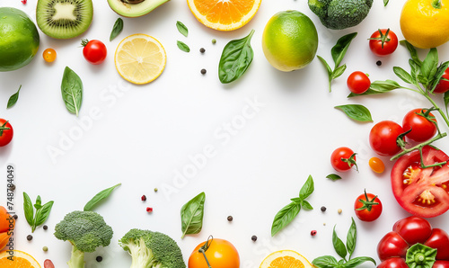 many fresh vegetables and fruits on white background  vegan wallpaper  tomatoes and greens with copy space