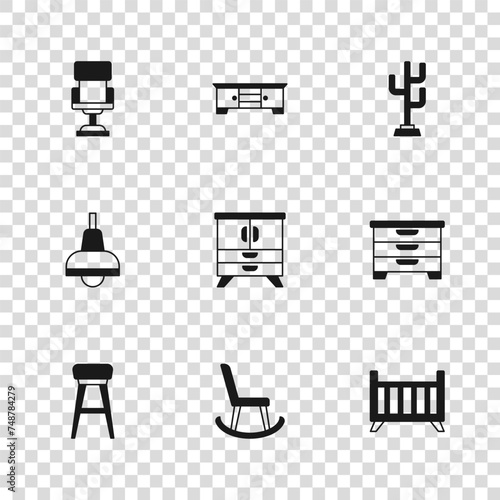 Set Armchair, Chest of drawers, Baby crib cradle bed, Coat stand, Office, TV table and Lamp hanging icon. Vector