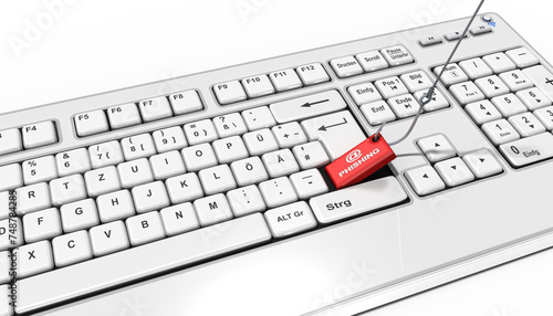 3d Tastatur mit Angelhaken und Phishing - Taste, Cyberbetrug  mit Datendiebstahl. auf transparenten Hintergrund