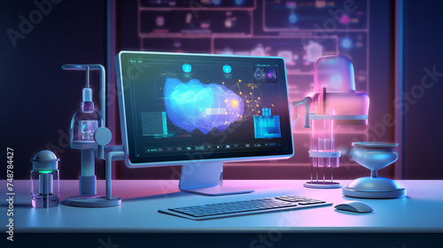 Computer with virtual labs, software sandbox on screen, realistic promoting appsembler. Neon colors