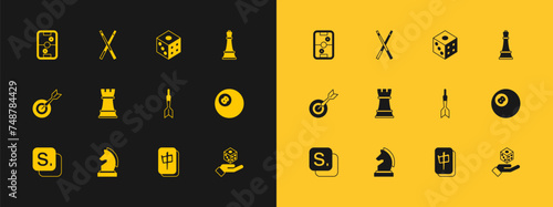 Set Chess, Dart arrow, Mahjong pieces, Game dice, Air hockey table and Crossed billiard cues icon. Vector