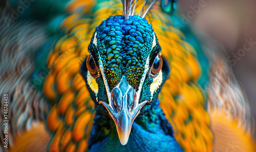 Close up portrait of a peacock with blue and gold feathers wallpaper © Deea Journey 