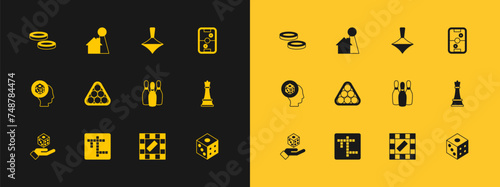 Set Air hockey table, Crossword, Bowling pin, Board game, Billiard balls triangle, Whirligig toy, Checker chips and Chip for board icon. Vector