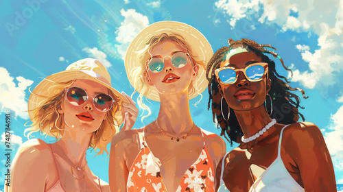 Three young women enjoy a sunny beach day.