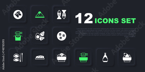 Set Soy sauce bottle, Rice with fish in bowl, Chicken egg vegerables, Asian noodles, paper box, Fish steak, and Chow mein on plate icon. Vector