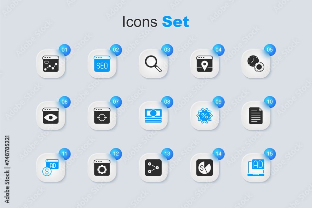 Set Market analysis, Target financial goal, SEO optimization, Advertising, File document, and Stacks paper money cash icon. Vector Set Market analysis, Target financial goal, SEO optimization, Advertising, File document, and Stacks paper money cash icon. Vector
