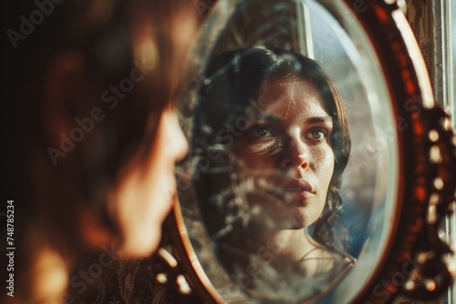 A portrait of woman standing before a vintage mirror, reflection