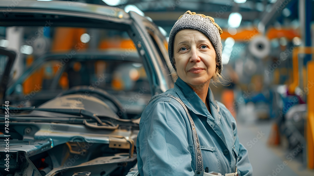 mechanic woman closeup on workshop background with space for text mechanic woman closeup on workshop background with space for text
