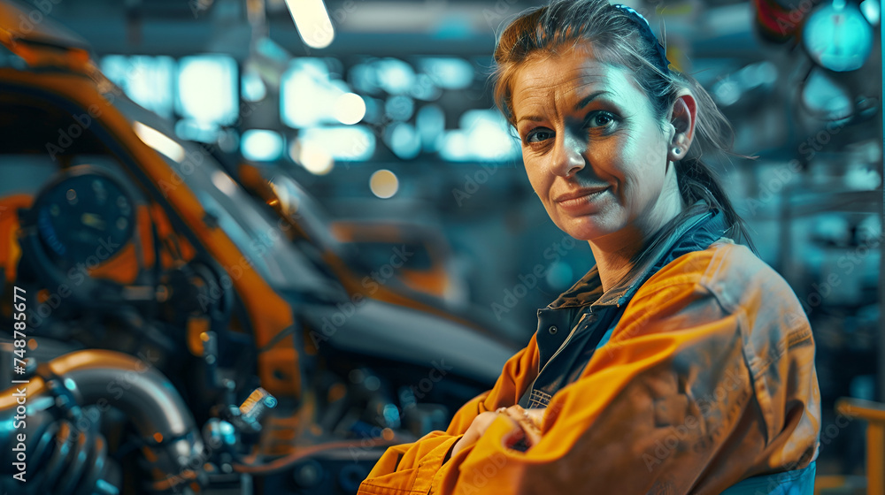 mechanic woman closeup on workshop background with space for text mechanic woman closeup on workshop background with space for text