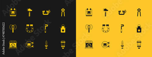 Set Blacksmith pliers tool, anvil, Fire poker, Medieval sword, Horseshoe, Clamp and screw, and Hammer icon. Vector