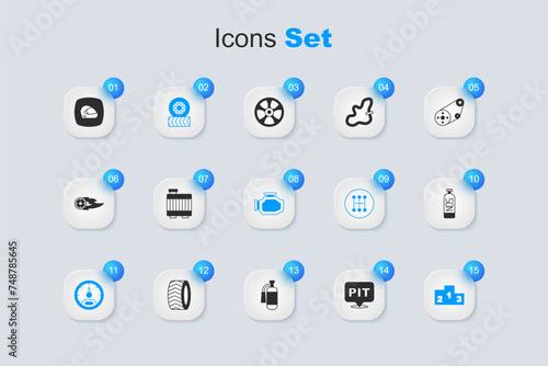 Set Pit stop, Car radiator cooling system, tire wheel, Speedometer, Award over sports winner podium, Nitrous oxide, Racing helmet and Check engine icon. Vector