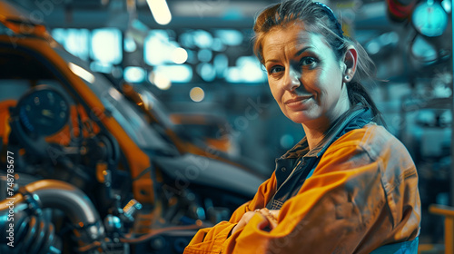mechanic woman closeup on workshop background with space for text