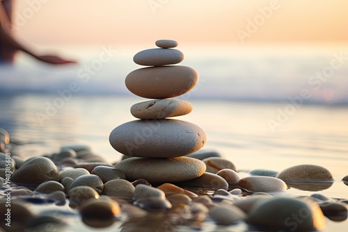Zen Concept  The Art of Balance. Woman Creating a Dark Stone Stack on Sand by the Calm Sea  Abstract Blurred Asian Background