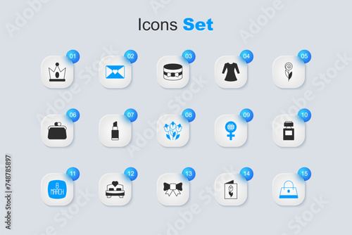 Set Greeting card with 8 March, Lipstick, Envelope, Handbag, Perfume, King crown and Flower tulip icon. Vector