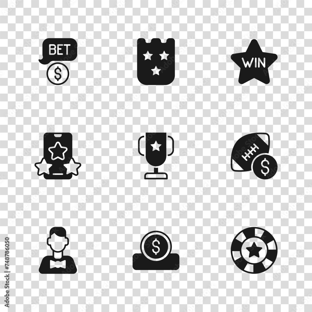 Set Coin money with dollar, American football betting, Casino chips, poker trophy cup, win, Lottery ticket and Online sports icon. Vector Set Coin money with dollar, American football betting, Casino chips, poker trophy cup, win, Lottery ticket and Online sports icon. Vector