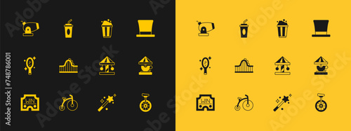 Set Cylinder hat, Vintage bicycle, Attraction carousel, Magic wand, Roller coaster, Popcorn cardboard box, Cannon and Paper glass with water icon. Vector
