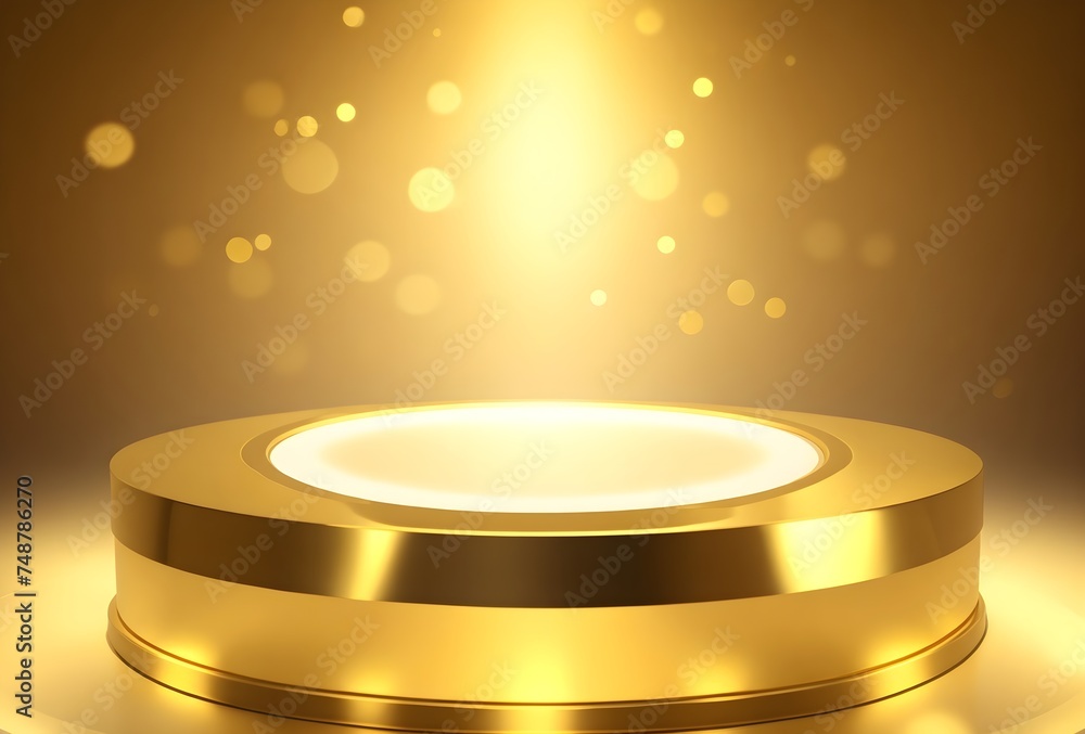 Illuminated empty shiny golden round podium aganist a bokeh lights background. Perfect background for luxury products presentation. Illuminated empty shiny golden round podium aganist a bokeh lights background. Perfect background for luxury products presentation.