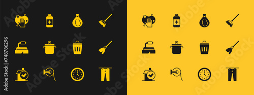 Set Mop, Toilet paper roll, Trash can, Clock, Cooking pot, Garbage bag, Sponge and Antibacterial soap icon. Vector