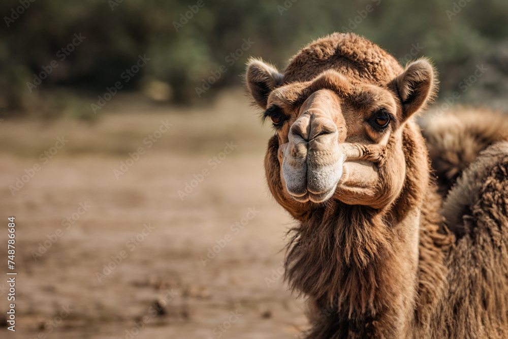 Obraz premium Portrait of a camel, close-up. View of a camel on the background of sand dunes of the desert. Created by artificial intelligence