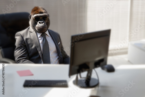 Gorilla in sunglasses. Alpha male, businessman. Background with copy space. Created by artificial intelligence
