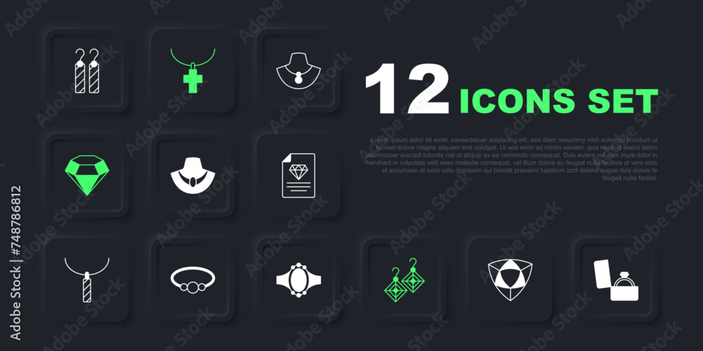 Set Diamond, engagement ring in box, Necklace mannequin, Earrings, Bracelet jewelry, Christian cross chain and icon. Vector