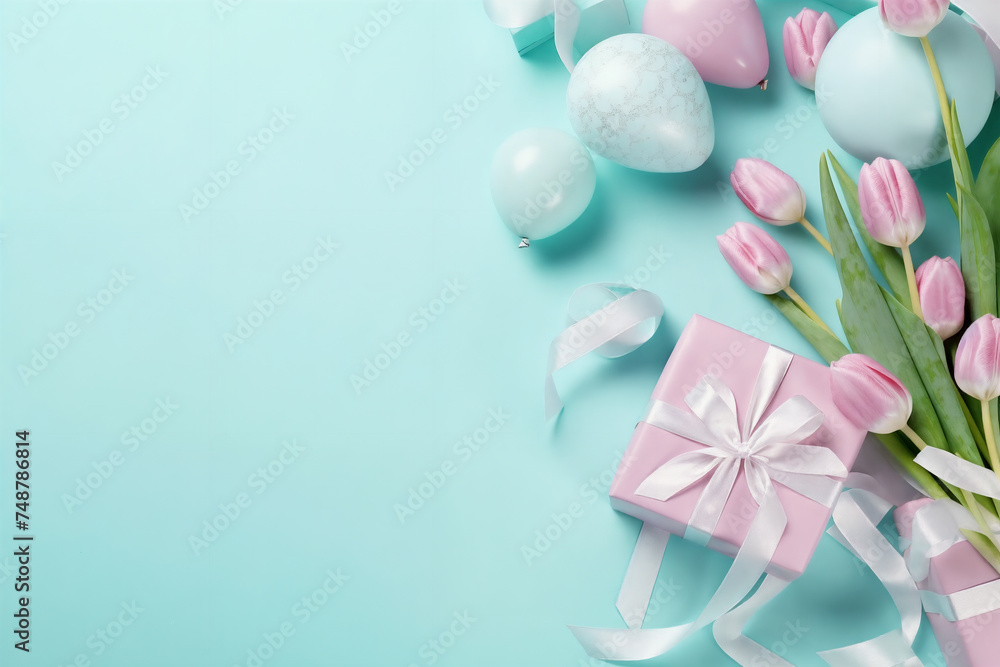 Obraz premium a bouquet of tulips and a gift box with a bow on a blue background with balloons and a bow, generative ai