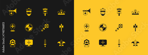 Set King crown, Crusade, Mace with spikes, Medieval sword, Round shield, flag, Trumpet and icon. Vector