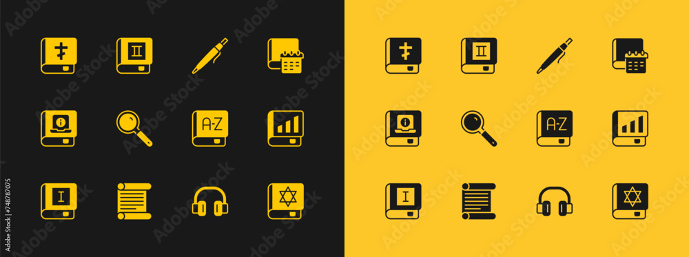 Set Daily paper notepad, Decree, parchment, scroll, Translator book, Headphones, Magnifying glass, Pen, Holy bible and Book icon. Vector Set Daily paper notepad, Decree, parchment, scroll, Translator book, Headphones, Magnifying glass, Pen, Holy bible and Book icon. Vector