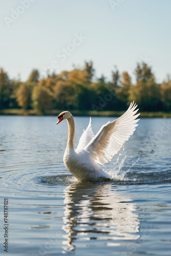 Fototapeta Naklejka Na Ścianę i Meble -  The swan flapped its wings above the surface of the water. A graceful white swan swims in the lake and flaps its wings on the water. Copy space. Created with the help of artificial intelligence.