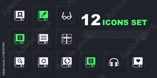 Set Headphones, Romance book, Books about programming, User manual, weapon and Earth globe and icon. Vector